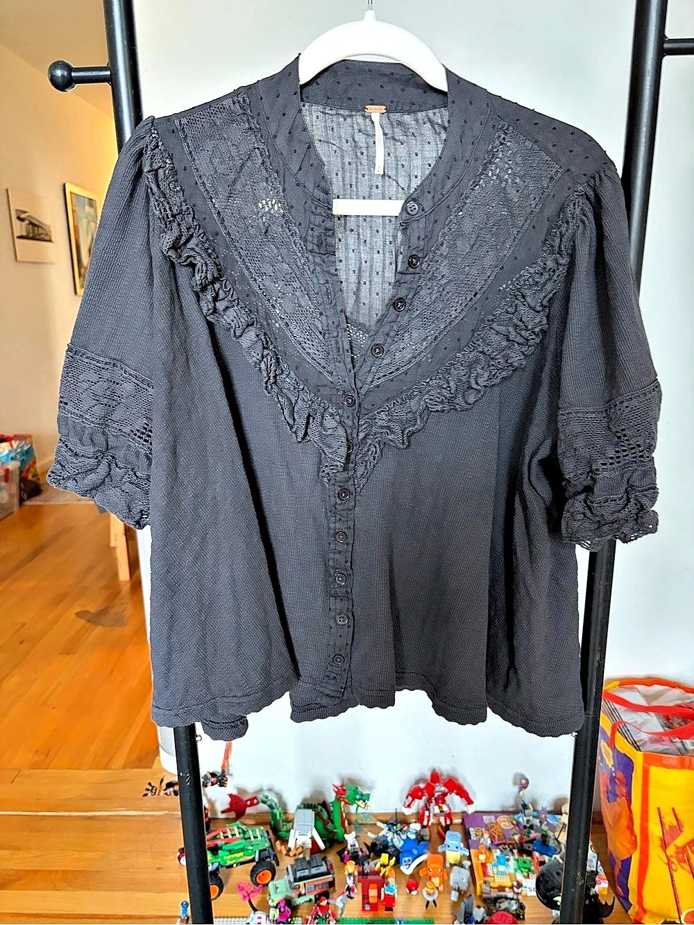 Free People We The Free Desert Lace Button Down Black Blouse Medium